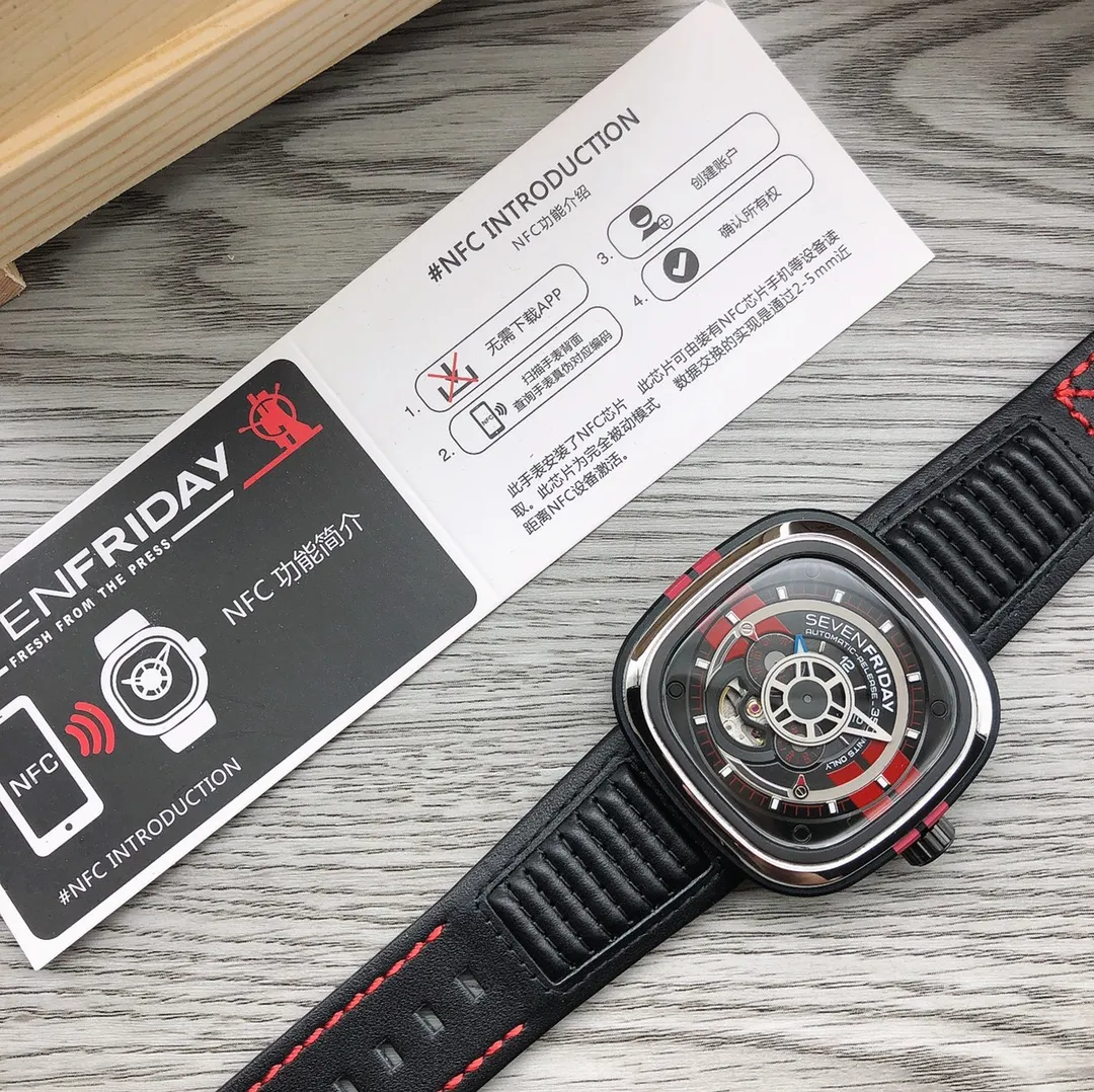 【Authentic Tmall】💰1640! SEVENFRIDAY 🎮 The soul of the Mustang limited edition SF-P6BB comes from the "Fast and Furious" Mustang classic high-power muscle and light sports car. The dial and the case have two eye-catching red stripes that echo each other. 🎮Made of matte black aluminum alloy + stainless steel, cowhide strap and original mechanical movement. Therefore, it is the lightest and thinnest among all Friday watch styles, and the comfort is also the best! Can be equipped with original factory packaging.
